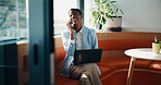 phone call, business and black woman in cafe with laptop for financial advisor, chat and talking. Coffee shop, happy and person on cellphone for investment portfolio, finance advice and communication