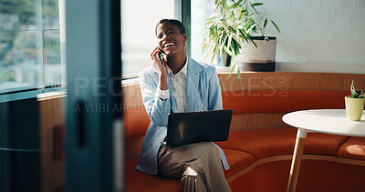Buy stock photo Phone call, business and black woman in cafe with laptop for financial advisor, chat and talking. Coffee shop, happy and person on cellphone for investment portfolio, finance advice and communication
