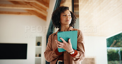 Buy stock photo Thinking, woman and tablet in home for planning, real estate and property research for auction. Realtor, digital tech and notes for expansion negotiation, resale opportunity or viewing schedule