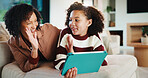 Mom, child and high five with tablet on sofa for learning, winning or teamwork together in home. Happy mother, child or daughter with smile or technology on couch for good job or education in house