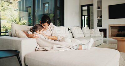 Buy stock photo Mom, home and hug with child on couch, bonding and emotional support for girl and family connection. Woman, love and embrace with daughter in living room, understanding and comfort for kid or trust