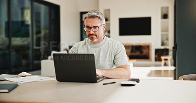 Buy stock photo Mature, man or laptop with documents in home for financial planning, budget or report. Male person, accounting or audit with technology, invoices or calculator for finance, expenses or bills in house