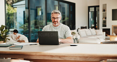 Buy stock photo Laptop, typing and man in home with online budget, investment or savings plan for finance. Website, family and mature male person on computer for internet banking with mortgage payment in house.