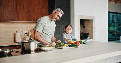 Buy stock photo Father, girl and teaching with tablet, cooking and meal prep in home for education. Dad, child and learning recipe with tech, development or bonding in kitchen with tutorial or ingredients for dinner
