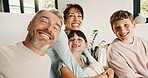 Selfie, portrait and family in home on sofa for memory, bonding or social media post together. Smile, photography and parents with children for profile picture in living room of house for weekend