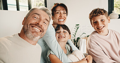 Buy stock photo Selfie, portrait and family in home on sofa for memory, bonding or social media post together. Smile, photography and parents with children for profile picture in living room of house for weekend