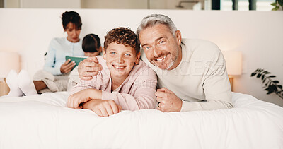 Buy stock photo Portrait, father and hug with child at house for love, appreciation and parental support. Smile, parents and embrace teenager for affection, family interaction and positive attitude with connection