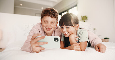 Buy stock photo Support, brother or sister with selfie in bedroom, social media update or memory of siblings bonding. Photography, smile and children with morning picture for web post, flare and connection in home