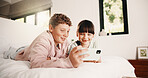 Relax, brother or sister with phone in bedroom, watch cartoon or streaming movie for siblings bonding. Film subscription, internet and children with mobile for video platform, smile and rest in home