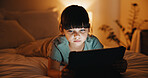 Child, online and rest with tablet in bedroom, entertainment or girl with internet connection on bed. Streaming, movies and kid with app subscription, serious and watching series at night in house