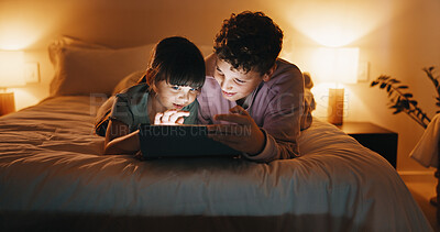 Buy stock photo Bonding, relax and kids with tablet in bedroom for game, streaming cartoon or watch show at night. Tech, happy siblings and children at home for movie, subscription and entertainment on internet
