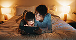 Love, mother and kid with tablet in bedroom for reading ebook, storytelling or bonding together. Tech, happy girl and mom at home for online fairytale, bedtime story and relax with parent at night