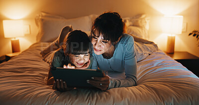 Buy stock photo Love, mother and kid with tablet in bedroom for reading ebook, storytelling or bonding together. Tech, happy girl and mom at home for online fairytale, bedtime story and relax with parent at night