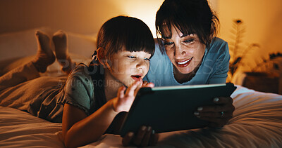 Buy stock photo Love, mom and kid with tablet in bedroom for reading ebook, storytelling or bonding together. Tech, happy girl and mother at home for online fairytale, bedtime story and relax with parent at night