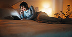 Laugh, woman or streaming on tablet on bed for binge watching, funny show or night entertainment. Happy, mature person or relax with tech in home for comedy film, online subscription or weekend break