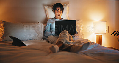 Buy stock photo Streaming, night or woman on bed with laptop, movie binge or video watching on digital site. Evening, comfy or mature person in home with tech, series subscription or search on entertainment platform