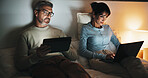 Couple, relax and tech in bedroom at night for distraction, emotional distance and browsing website. Mature people, rest and digital with internet addiction, silent interaction and overtime at house
