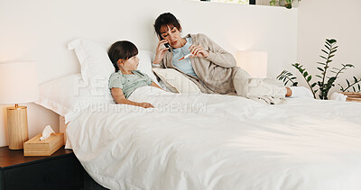 Buy stock photo Phone call, sick child and mother in bedroom for care, fever advice or check thermometer temperature. Flu, mobile and parent with girl in home for help, support or telehealth chat for virus infection