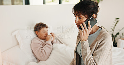 Buy stock photo Sick, boy and mother with phone call in bedroom, medical appointment booking and symptoms discussion. Mobile, ill child or woman with telehealth contact for advice, home or healthcare support hotline