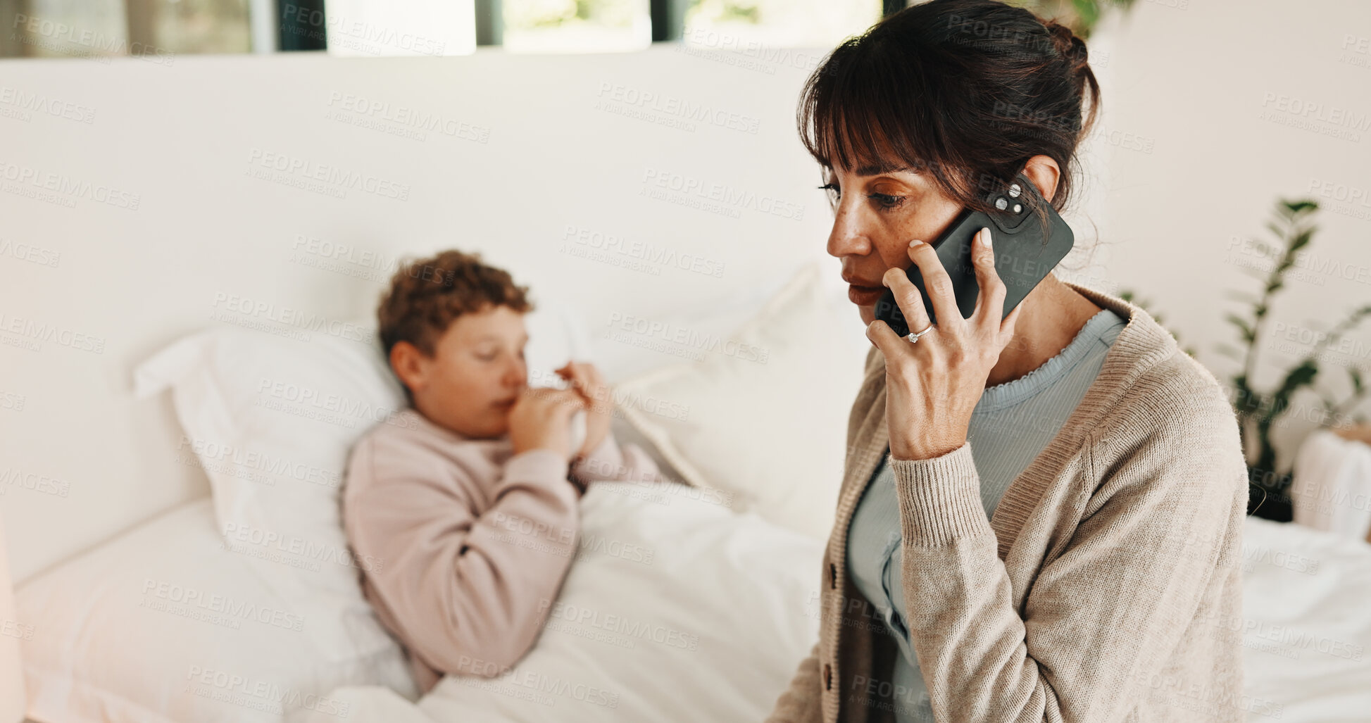 Buy stock photo Sick, boy and mother with phone call in bedroom, medical appointment booking and symptoms discussion. Mobile, ill child or woman with telehealth contact for advice, home or healthcare support hotline