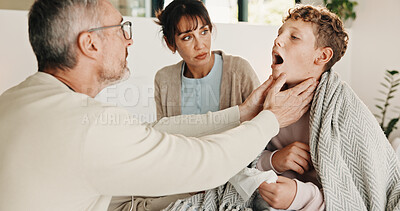 Buy stock photo Parents, check and sick child in home, tonsils and virus infection with health care for flu symptoms. Illness, mom and dad with boy, inflammation assessment or sore throat for allergy in family house