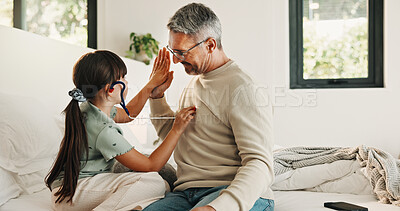 Buy stock photo Child, high five and stethoscope with father in home for good news, pretend doctor and bonding. Man, daughter and medical tools for fantasy checkup, healthcare role play and celebration for treatment
