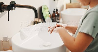 Buy stock photo Health, washing hands or kid in house for wellness, bacteria removal or hygiene in child growth. Safety, cleaning or girl with routine, virus prevention or disinfection in childhood development.