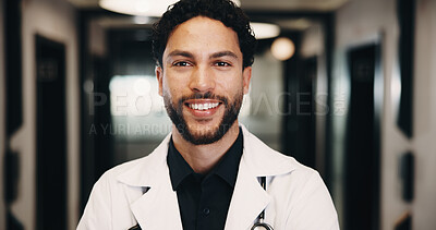 Buy stock photo Happy, man and doctor in hospital with portrait, knowledge and experience for healthcare service. Male person, smile and medical worker in clinic with expertise, about us and pride for patient care.