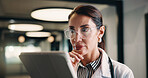 Healthcare, tablet and doctor thinking in clinic for problem solving, planning or telehealth solution. Hospital, tech or physician woman with research, evaluation or decision for treatment in hallway
