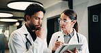 Healthcare, tablet and team of doctors thinking for problem solving, planning or medical solution. Hospital, tech and people with advice, evaluation or decision for treatment in clinic hallway