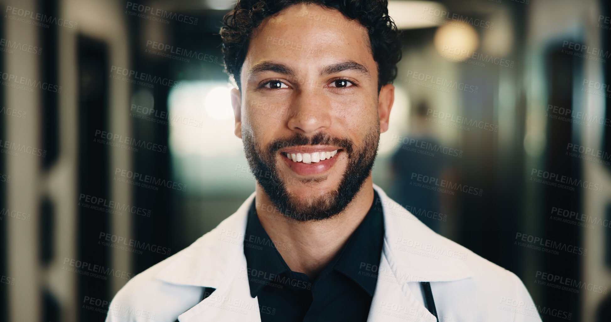 Buy stock photo Portrait, man and doctor in hospital with smile, knowledge and experience for healthcare service. Happy, male person and medical worker in clinic with expertise, about us and pride for patient care.