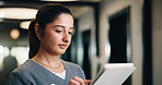 Medical, nurse and woman with tablet in clinic, reading report or update records for insurance. Tech, healthcare and person in hospital for research, telehealth history and review schedule for admin