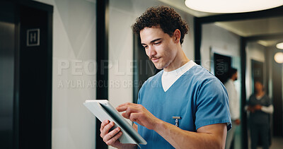 Buy stock photo Hospital, tablet and nurse with planning, scroll or reading of records, schedule or healthcare update. Doctor, tech and man with telehealth admin, online results or medical assessment in hallway