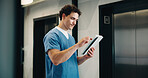 Medical, nurse and man with tablet, reading report or update records for insurance in clinic. Tech, healthcare and person in hospital for research, telehealth history and review schedule for admin