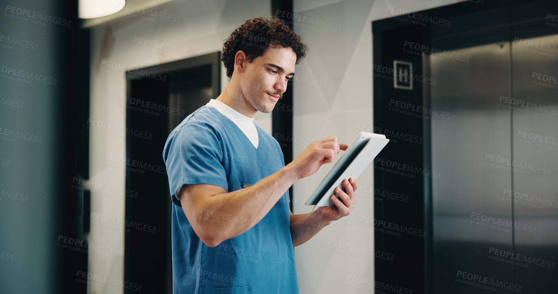 Buy stock photo Medical, nurse and man with tablet, reading report or update records for insurance in clinic. Tech, healthcare and person in hospital for research, telehealth history and review schedule for admin