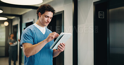 Buy stock photo Healthcare, nurse and man with tablet, reading report or update records for insurance in clinic. Tech, medical and person in hospital for research, telehealth history and review schedule for admin