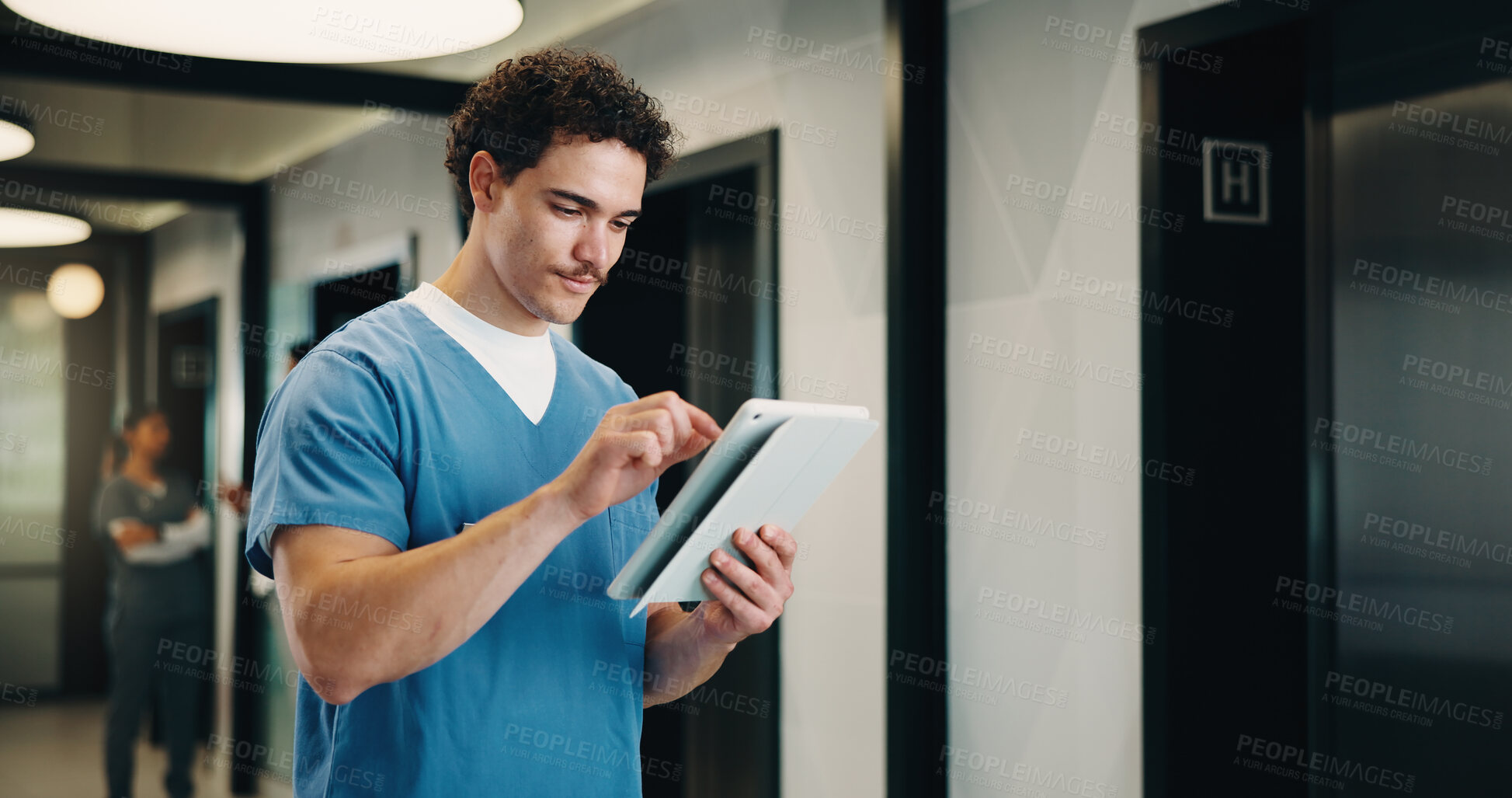 Buy stock photo Healthcare, nurse and man with tablet, reading report or update records for insurance in clinic. Tech, medical and person in hospital for research, telehealth history and review schedule for admin