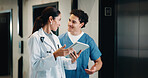 Medical, tablet and doctor with nurse for planning, schedule or hospital records on digital app. Team, clinic and happy people with healthcare worker for help, discussion or advice of online results