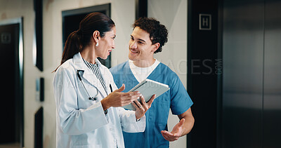 Buy stock photo Medical, tablet and doctor with nurse for planning, schedule or hospital records on digital app. Team, clinic and happy people with healthcare worker for help, discussion or advice of online results