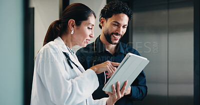 Buy stock photo Medical, doctor and team with tablet, planning treatment or advice for insurance report in clinic. Tech, collaboration or happy people in hospital for meeting, healthcare discussion or review results
