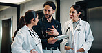 Medical, doctor and group with tablet, planning treatment or advice for insurance report in clinic. Tech, team and happy people in hospital for meeting, healthcare discussion or review results