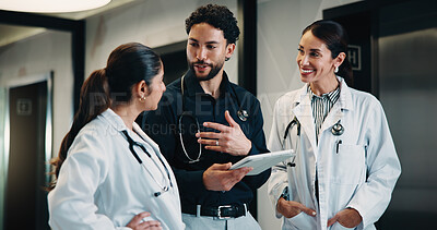 Buy stock photo Medical, doctor and group with tablet, planning treatment or advice for insurance report in clinic. Tech, team and happy people in hospital for meeting, healthcare discussion or review results