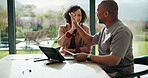 Documents, high five and couple with tablet in home with planning for budget, savings or investment. Happy, celebration and man with woman for discussion on mortgage application on digital technology