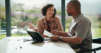 Buy stock photo Documents, discussion and couple with tablet in home with planning for budget, savings or investment. Happy, talking and man with woman for conversation on mortgage application on digital technology.