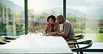 Paperwork, discussion and couple with tablet in home with planning for budget, savings or investment. Documents talk and man with woman for conversation on mortgage application on digital technology.