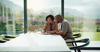 Buy stock photo Paperwork, discussion and couple with tablet in home with planning for budget, savings or investment. Documents talk and man with woman for conversation on mortgage application on digital technology.