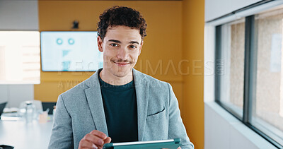 Buy stock photo Portrait, business and man with tablet in office for research, finance charts and profit growth. Person, data analyst and digital with graph analysis, investment portfolio and audit review of company