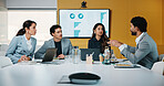 Meeting, technology and conversation in office with business people for company profit, revenue and pitch. Paperwork, digital graphs and financial manager with team for investment, budget or planning