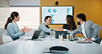 Meeting, handshake and congratulations in office with business people for company profit, revenue and pitch. Agreement, graphs and financial manager with team for budget, approval or promotion