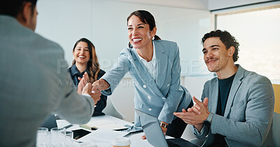 Buy stock photo Business people, handshake and team at meeting with success, applause and motivation at insurance company. Woman, group and shaking hands with celebration, promotion and goals for risk management